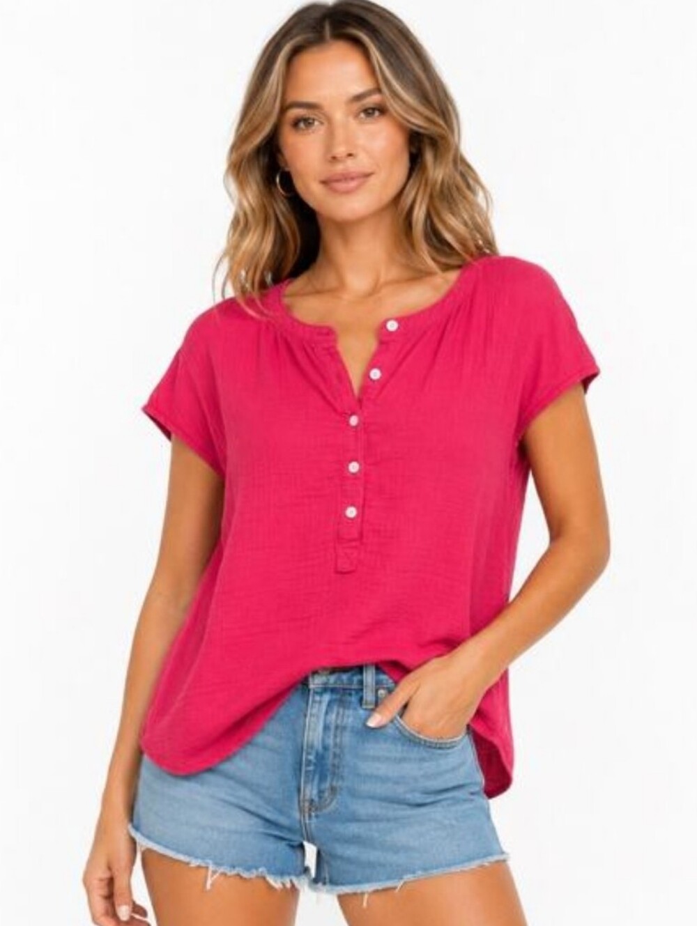 Quince Organic Cotton Gauze Roll Sleeve Shirt Hot Pink Size Small